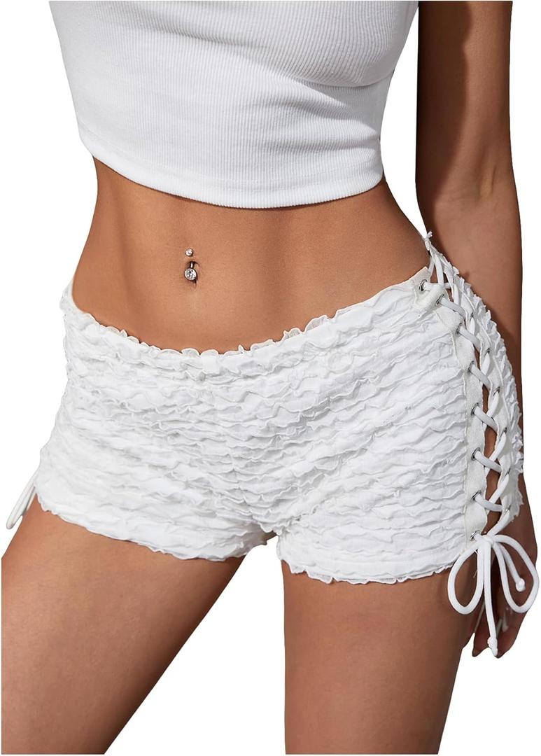 Women's Drawstring Lace Up Frill Drop Waist Shorts Skinny Y2k Summer Mini Shorts (White) XS