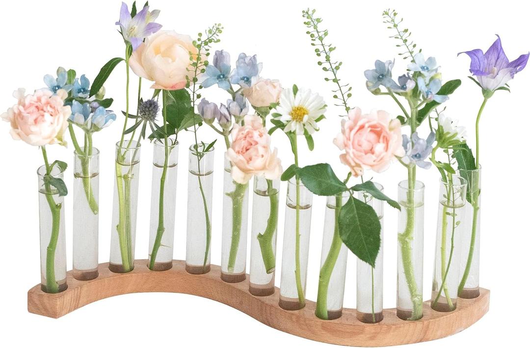 Test Tube Vases for FlowersSmall Plant Propagation StationS Shape Plant Terrarium with Wooden Stand (Solid Beech)
