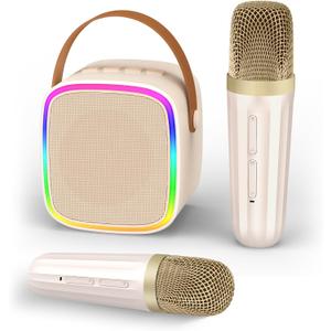 Mini Karaoke Machine with 2 Wireless Microphones, Kids Toys Portable Bluetooth Speaker for Kids Adults Toddler, Christmas Girls Toys for 4 5 6 7 8 9 10 12 Year Old Birthday Gift Ideas(Beige)