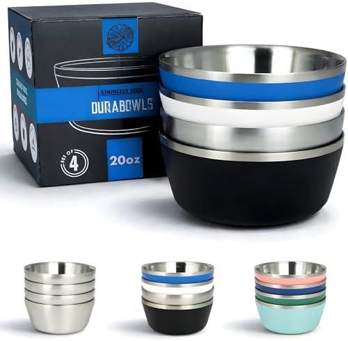 Stainless Steel Insulated Bowls - Set of 4-20 Oz Double Wall Metal Bowls for Ice Cream, Soup, Cereal, Snack, Rice Dish, Camping (Assorted 1 (Black, White, Blue, Natural))