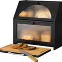 Bamboo Bread Box with Cutting Board, Double Layer Extra Large Bread Storage Bin with Door Panel for Kitchen Counter (Black)