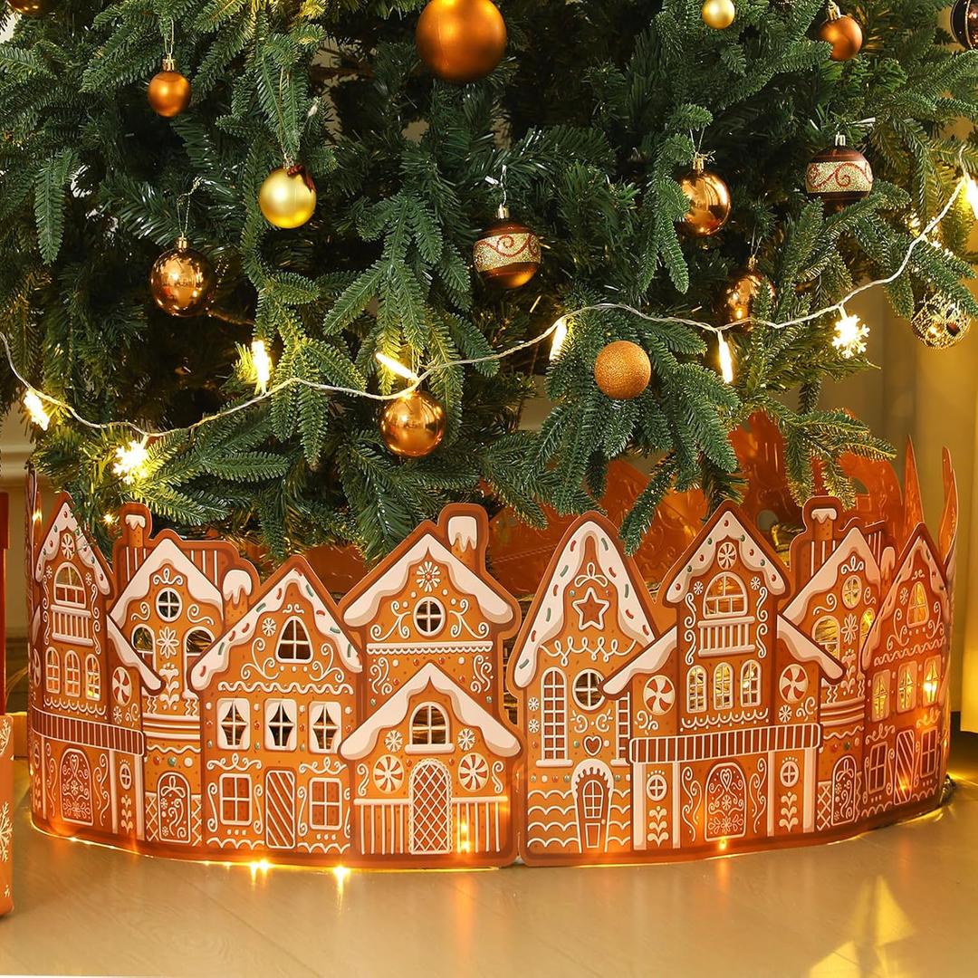 Christmas Tree Collar 35 Inch with Lights Ring Skirt Gingerbread Tree Base House Cover for Holiday Party Christmas Home Decor