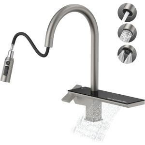 MBILLION Waterfall Kitchen Faucet with Pull Down Sprayer Brushed Nickel,Stainless Steel,4 Mode,Single-Hole,Single Handle Built-in Shelf,360 Rotation Commercial Farmhouse RV Bar Kitchen Sink Faucet