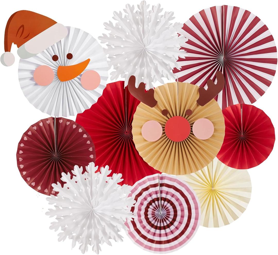 SUNBEAUTY Christmas Party Decorations Christmas Classroom Decorations Hanging Paper Fans with Reindeer Snowman for Xmas Holiday Ceilings Wall Decor Winter New Year Party Supplies