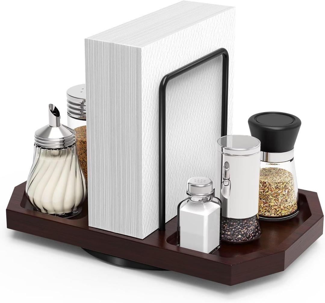 Napkin Holder for Table, Rotating Napkin Dispenser with Salt and Pepper Shakers Storage, Standing Paper Napkin Organizer for Kitchen Dining Table Decor (1, Brown)