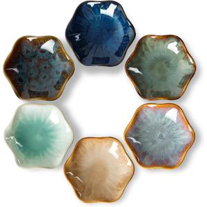 NUTRIUPS 6 Pack Soy Sauce Dish 1.6oz Ceramic Dipping Bowls 3.9inch Dipping Sauce Bowl Small Bowls for Side Dishes (Flower-Set of 6)