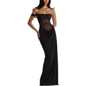 Women's Sexy Lace Maxi Dress High Split Spaghetti Strap Backless Wedding Guest Cocktail Formal Dresses (Black, S)