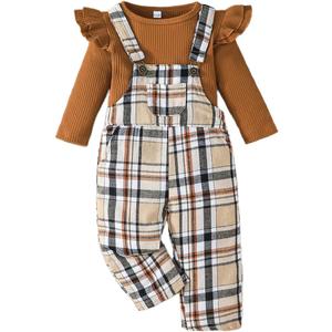 Noubeau Toddler Baby Girl Fall Clothes Ruffled Top Shirt Plaid Bib Overalls Pocket Suspender Pants Set Thanksgiving Outfits (Khaki Plaid, 3-4T)