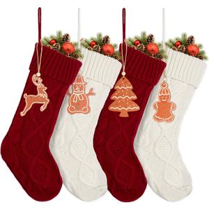 HiPeep 4 Pack Knitted Christmas Stockings - 18 Inch Large Family Christmas Stocking Set Red and White, Xmas Stocking for Fireplace,Christmas Decorations, Knit-4pack-d