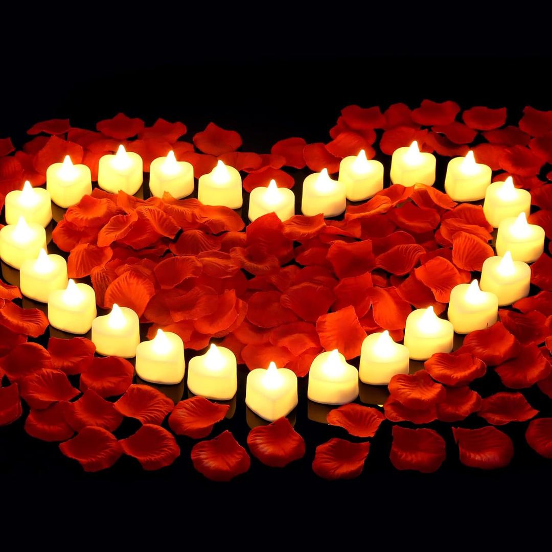 Cridoz 2000 Pieces Artificial Rose Petals with 24 LED Tea Lights Candles, Romantic Decorations Special Night Set for Night, Valentine's Day, Wedding Anniversary or Table Décor, Warm White