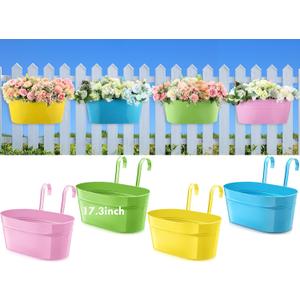 Honeydak 4 Pcs 17.3 Inch Large Metal Iron Hanging Flower Pots Outdoor Rail Planter with Detachable Hooks and Drainage Holes Deck Railing Fence Flower Buckets Plant Holder for Home (Multicolor)
