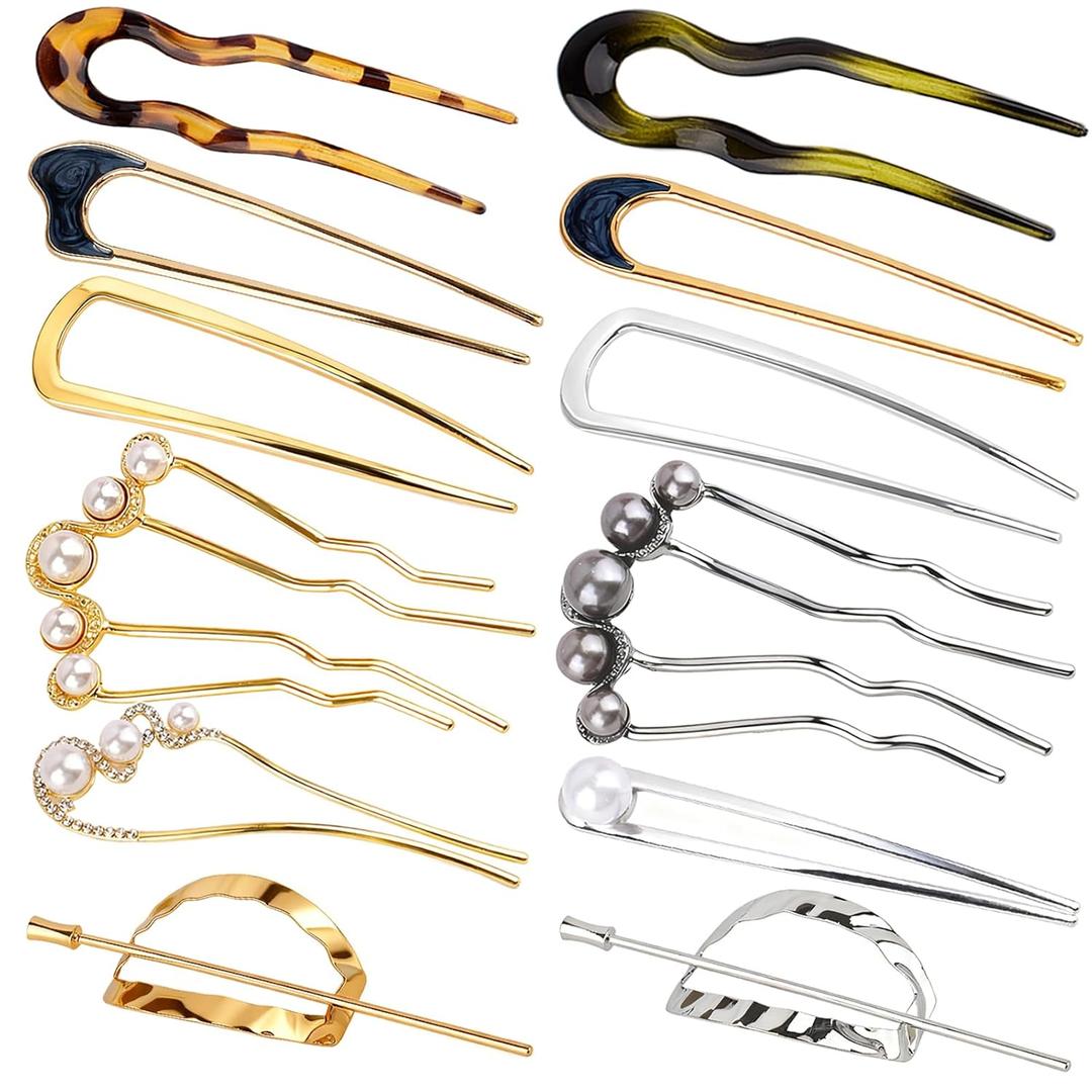 12 PCS French Hair Pins for Women, French Twist Hair Pins U-Shaped Pearl French Pins for Bun and Updo Hair Styling Pins, Metal Hair Fork Hair Accessories for All Hair Types