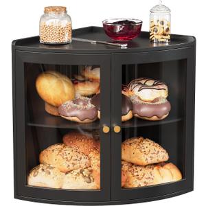Trironsun Bamboo Corner Bread Box for Kitchen Counter with Acrylic Transparent Door Large Capacity Bread Holder Double Layer Bread Storage Container for Homemade Bread (Black)