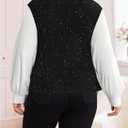 MakeMeChic Women's Plus Size Blouses Colorblock Collared Long Sleeve Peplum Casual Shirts Knit Sweater (Black, L)