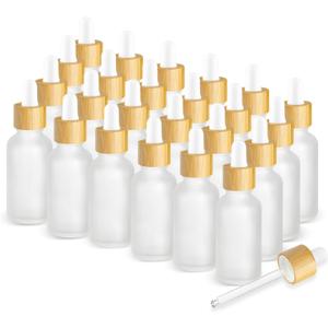 24 Pack 1 oz Frosted Glass Dropper Bottle,Empty Round Boston Travel Bottles With Eye Droppers,Natural Bamboo Dropper Cap for Essential Oils, Tinctures & Perfume,Facial Serums,Massage Oils