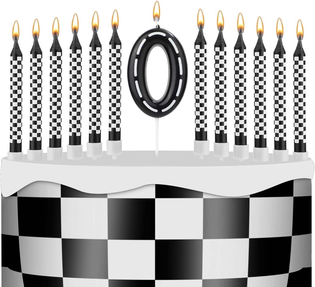 2 x 13pcs Racing Cars Themed Birthday Candles, Black and White Checkered Race Car Candles Birthday Cake Numeral Candle Cake Topper for Party Decoration Baby Shower Party Supplies (Number 0)