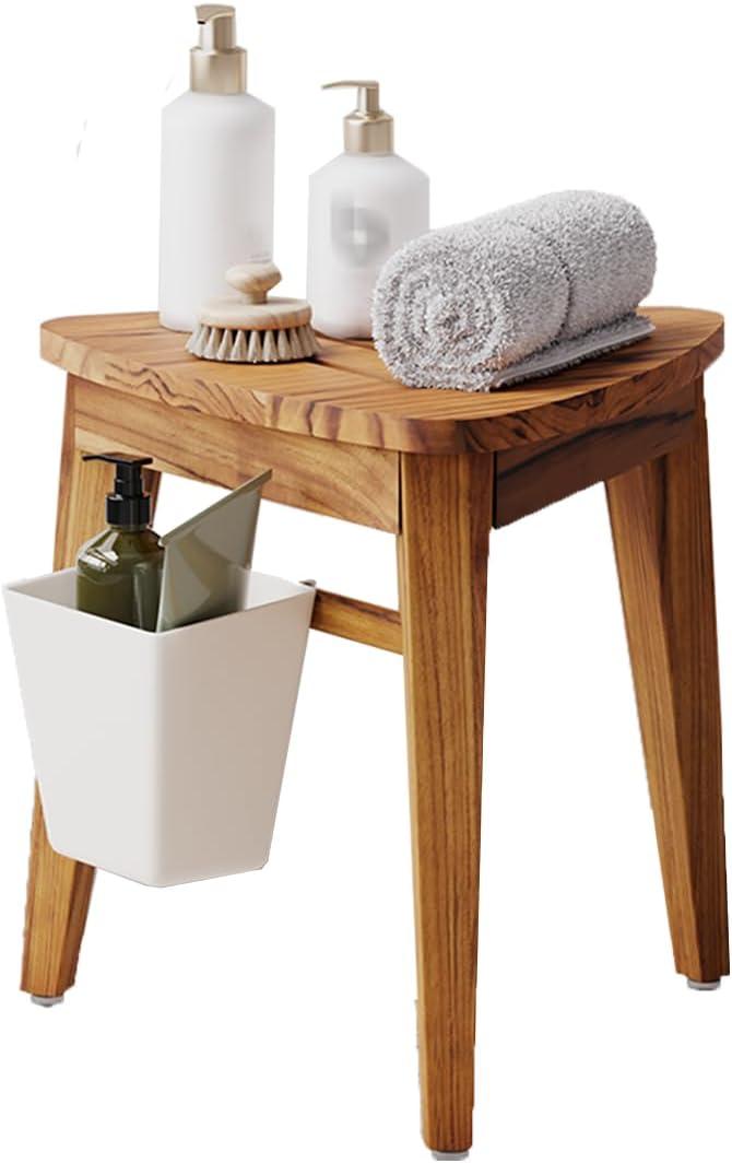 Teak Shower Bench, Waterproof Bathroom Teak Corner Shower Bench, Sturdy Non-Slip Bath Shower Foot Stool for Shaving Legs with Storage Basket