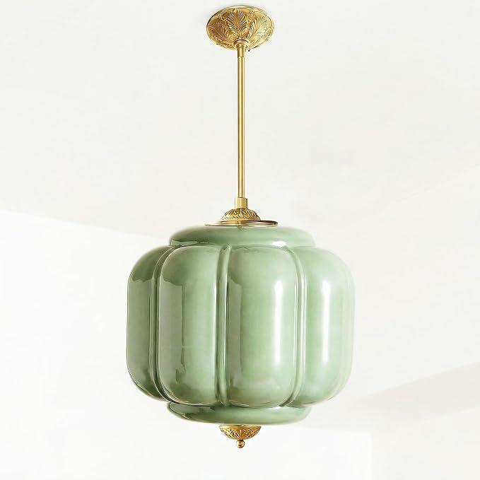 YESIDS Antique Black Milk Glass Ceiling Light Fixture - 9.8 Inch Vintage Semi Flush Mount Pendant Light for Kitchen, Hallway, Bedroom, Dining Room, Color: Green and gold