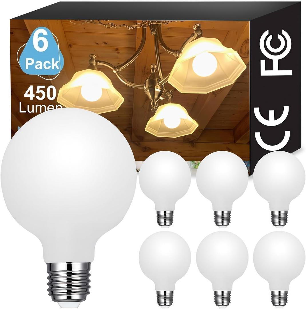 Vinaco Milky Frosted Glass G25 Globe Light Bulbs 60 watt Equivalent, 6 Pack Dimmable Led Light Bulbs Warm White 2700K, 450LM Long Lifespan, G 25 Bulb E26 Base for Bathroom Makeup Mirror, Vintage Lamp (E26-3.15" DIA-6Pack)