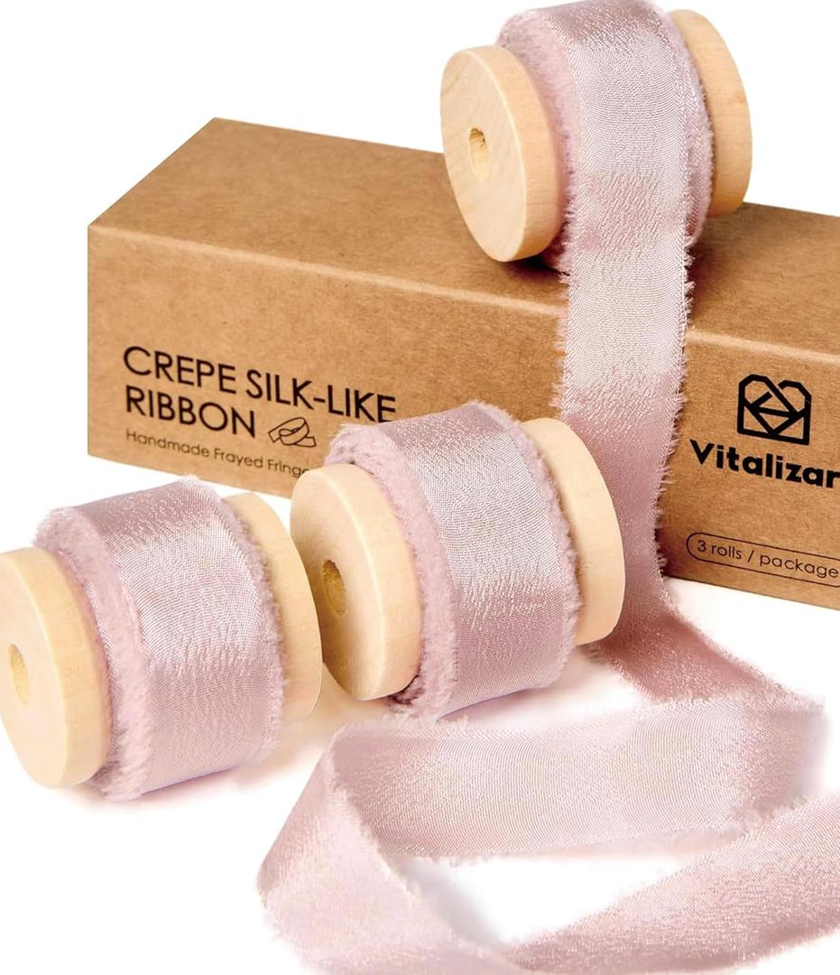 Vitalizart Pink Ribbon 5/8 Double Face Silky Satin Ribbon 15 Yard Crepe Silk Like Handmade Frayed Fringe for Gift Wrapping Baby Shower Wedding Bridal Bouquet Decor Dusty Pink Rose