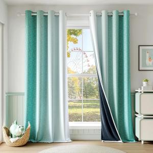 Ombre 100% Blackout Curtains 96 Inch Length 2 Panels for Bedroom Living Room Teal White Gradient Patterned Room Darkening Thermal Insulated Grommet Window Treatment Drapes,52x96, 2 Set