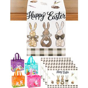 2 x multiWins Easter Table Runner with 4 Table Mats & 4 Gift Bags, Carrots Bunny Happy Easter Spring Table Decor, 13x48 Inch Runner & 12"x18" Mats for Dining Kitchen Home Party Indoor Outdoor Decor
