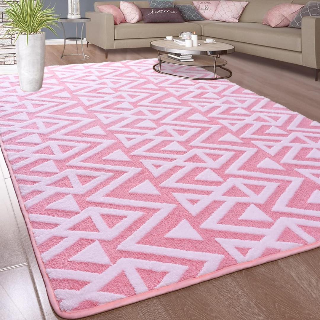 Ompaa Ultra Soft Shaggy Rugs Memory Foam Bedroom Carpet, Pink 4 x 6 Feet, Plush Geometric Textured Area Rugs for Living Room Couch Dorm Bedside Kids Girls Teens Room Nursery Decor Floor Mat (4x6 Feet)