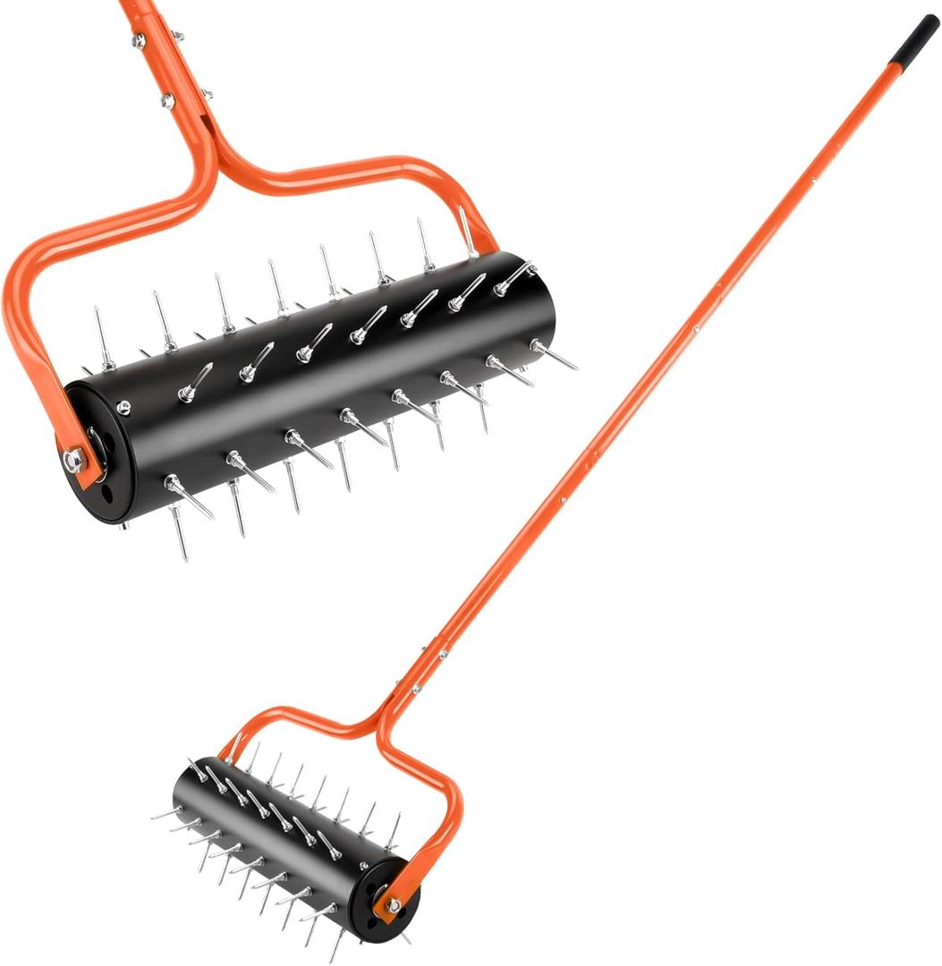 21" Rolling Lawn Aerator, 45 Preassembled Spikes, Only Needs 3-5 Minutes to Assemble, No Looseness, Good Package, 75" Long Handle with Quick Clip Connections, U-Shape Construction - Orange.
