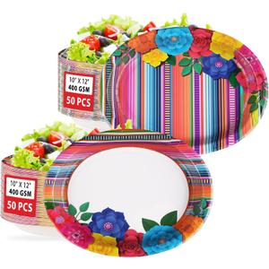 100Pcs Mexican Fiesta Party Plates 10" x 12" Large Disposable 400 GSM Heavy Duty Mexican Floral Stripes Oval Paper Plates Cinco De Mayo Decorations for Baby Shower Mexico Taco Party Supplies