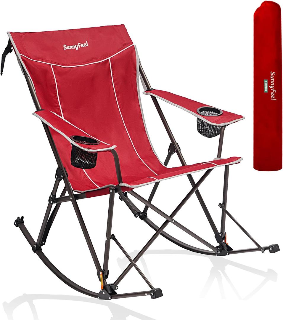 SUNNYFEEL Oversized Folding Rocking Camping Chair with Buckle Design 500lbs | Outdoor Rocker High Back Lawn Camp Rocker Chair with Cup Holder Heavy Duty for ounge/Patio with Carry Bag