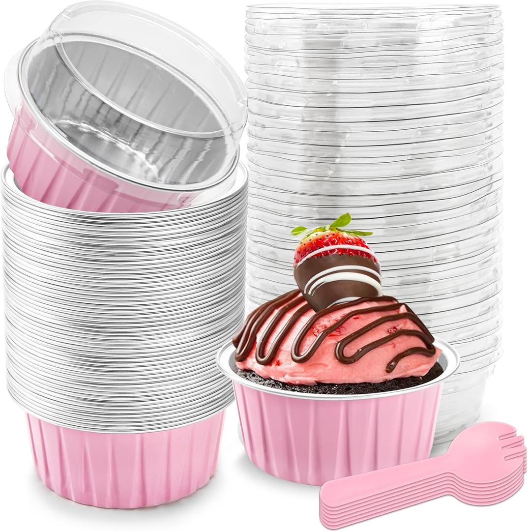 5 OZ Mini Loaf Pans with Lids Mini Cake Pans Baking Cups Disposable Ramekin for Cupake Pudding Party Wedding Birthday(50 Pack, Pink)