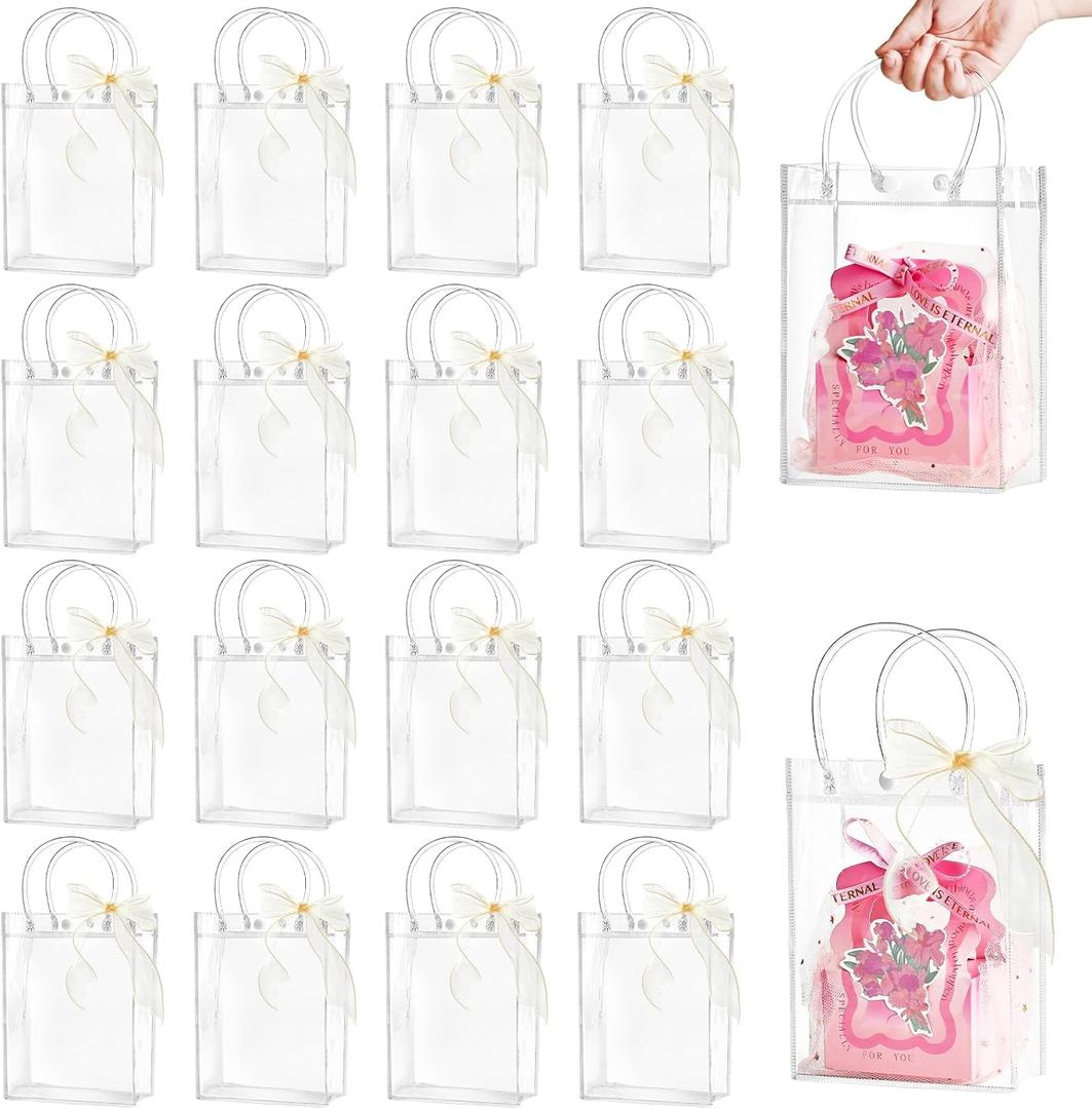 Ohuimrt 50 PCS Clear Plastic Gift Bags with Handles, 5.9 x 7.9 x 2.8 Inches Reusable Party Favor Bags with Ribbon Transparent Gift Wrap Bags Bulk for Weddings Birthdays