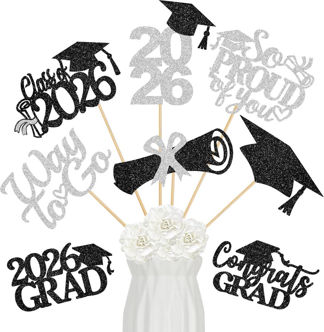 24Pcs 2026 Graduation Centerpieces Sticks Silver and Black, Class of 2026 Graduation Party Centerpieces Sticks for Tables 2026 Silver and Black 2026 Graduation Table Centerpieces Decorations
