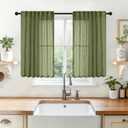 YoungsTex Olive Green Linen Curtains 40 Inch Length - Short Light Filtering Drapes Semi Sheer with Back Tab Rod Pocket for Bathroom Kitchen Window, 2 Panels, 42 X 40 Inch