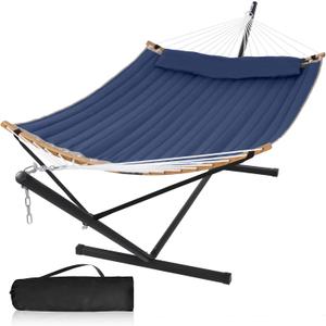 2 Person Hammock with Stand Included, Outdoor Hammock with Curved Spreader Bar, Pillow and Carrying Bag, 450 Lbs Capacity, Navy Blue