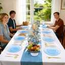 Rubtlamp 150Pcs Blue Christmas Plastic Plates, Gold Plastic Dinnerware Set For 30 Guest, Hammered Heavy Duty Plates with Gold Rim Include 30Dinner Platos, 30Salad Platos,90 Cutlery For Christmas