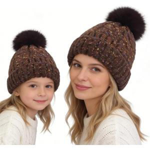 Winter Knit Beanie Hat for Girls Women Parent-Child with Faux Pom Warm Fleece Lined