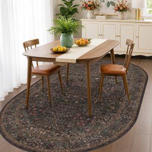 Dark Brown Vintage Oval 5x8 Area Rug, Washable Boho Floral Carpet for Dining Room Under Kitchen Table, Bedroom Beside Bed, Office - Oriental Low Pile Non Slip & Stain Resistant
