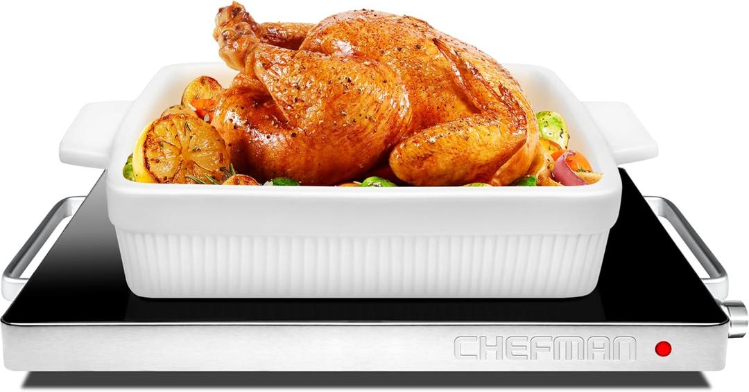 Chefman Compact Glasstop Warming Tray with Adjustable Temperature Control Perfect for Buffets, Restaurants, Parties, Events, Home Dinners and Travel, Mini 15x12 Inch Surface, Keeps Food Hot, Black