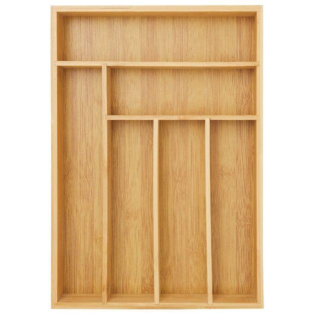 Juvale Narrow Bamboo Silverware Drawer Organizer, Wooden Cutlery Tray Holder for Utensil Storage with 6 Slots, 14.5 x 10.25 x 1.75 Inches