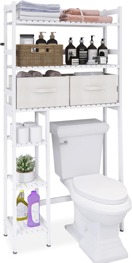 SMIBUY Over The Toilet Storage with Drawers, Large Bathroom Space Saver Organizer Rack, Freestanding Behind Toilet Stand with 6-Tier Shelf and Waterproof Feet Pad for Restroom, Laundry (White)