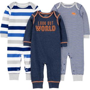 Simple Joys by Carter's baby-boys 3-pack Jumpsuits (Grey Heather Rugby Stripe/Navy Text Print/White Stripe) 3-6 M