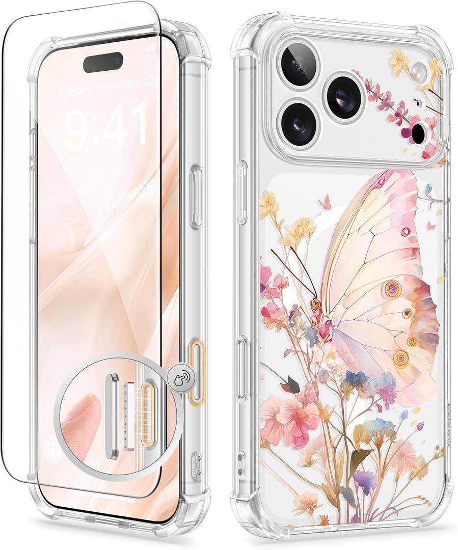 GVIEWIN for iPhone 17 Pro Max Case Compatible with MagSafe, with Screen Protector Upgraded [Full Camera Protection] [Non Yellowing] Floral Slim Shockproof Clear Women Phone Cover (Magic Butterfly)
