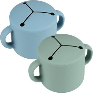 Silicone Snack Cups, Silicone Snack Containers Toddlers - Pack of 2 Food Grade Silicone Snack Cups with Grip Handle (Cambridge Blue/Ether)