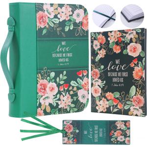 Faithful Hers Bible Covers for Women, Bible Case Set with Notebook and Bookmark, Leather Bible Cover, Bible Carrying Case for Woman Lady Bible Bag, Christmas Gift for Mother, 11x8.2x2.2 in, Green