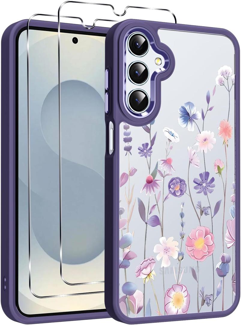 Cute Floral Clear Case for Samsung Galaxy S25 5G 6.8'' +2*Screen Protector, Flower Pattern Print Design Funda Aesthetic Soft TPU & Hard PC Shockproof Protective Cover for Women Girl - Purple01
