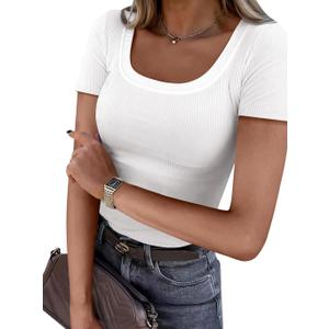 ANRABESS Women Short Sleeve Tops Scoop Neck Ribbed Knit Slim Fitted Basic Tee Shirts Casual Summer Clothes 2025 Fall Outfits Small