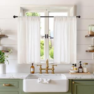 BGment Small Linen Curtains 36 Inch Length for Kitchen Cafe Window Over Sink - Half Window Drapes Natural Semi Sheer with Rod Pocket for Bathroom, 2 Panels Set, 30 X 36 Inch