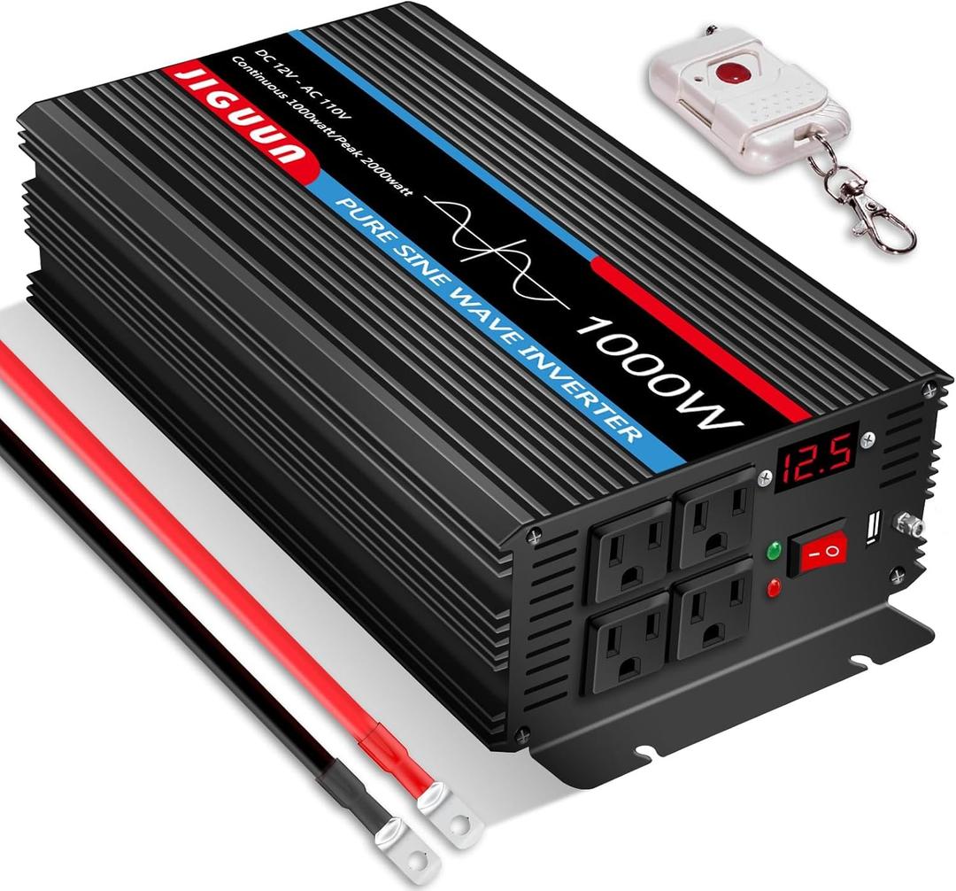 1000W Pure Sine Wave Inverter,1K Watts Power Converter DC 12V to AC 120V Inverter with 4 AC Outlets&USB, Remote Control,USB Output and LED Display Peak 2000 Watts