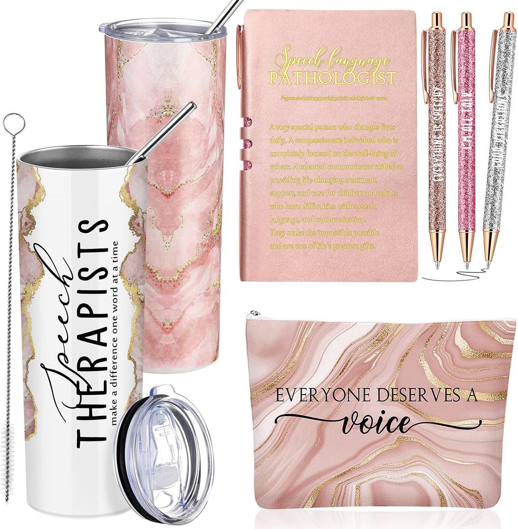 6 Pcs Speech Therapy Gifts Slp Gift for Speech Language Pathologist 20 oz Tumbler Makeup Bag A6 Notebook Ballpoint Pen Slp Graduation Appreciation Gift for Teacher Therapist Birthday(Pink)